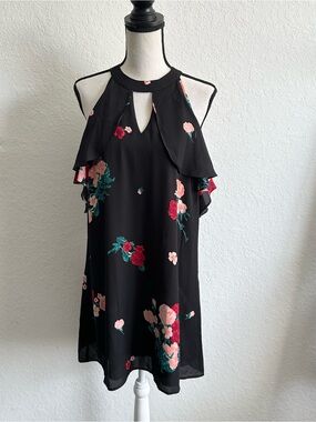 Candies Black Floral Cold-Shoulder Halter Mini Dress V neck Casual NEW with Tags